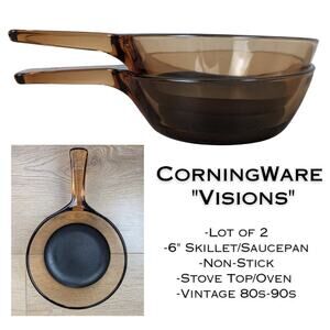 CorningWare VISIONS Amber 6" Skillet Saucepan Non Stick Glass Lot of 2 0.5L VTG